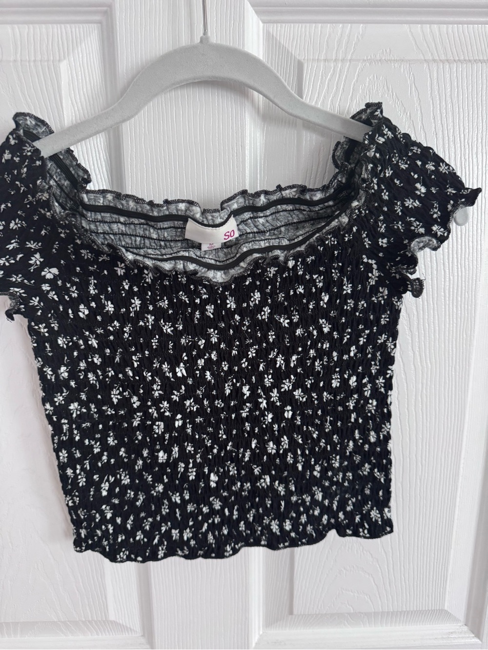 SO Black Floral Smocked Off-Shoulder Crop Top